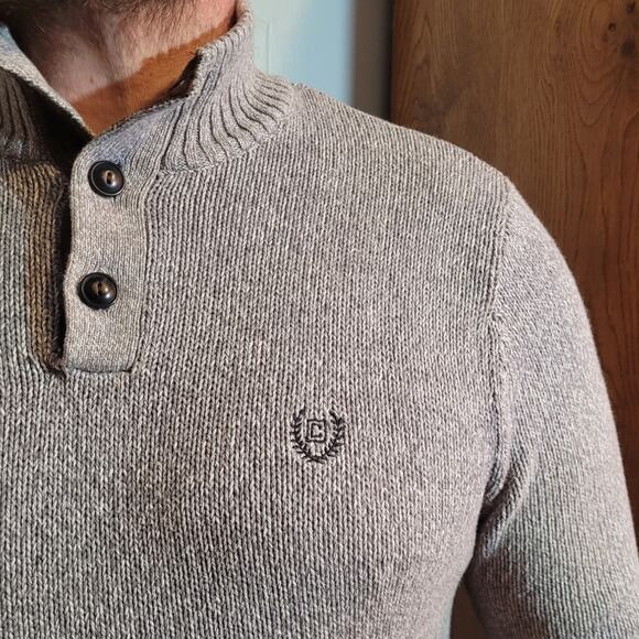 Chaps Mens Gray Speckled Logo Knit Sweater Sz Medium Heritage Old Money Grandpa - Picture 2 of 14